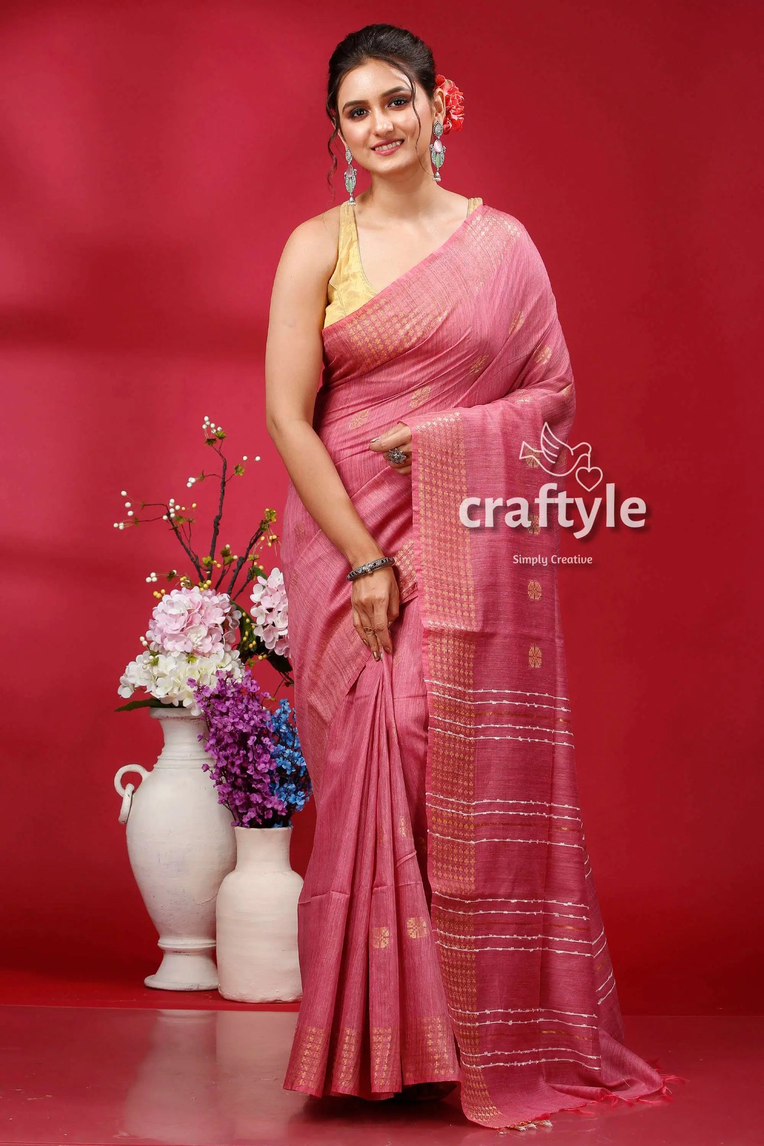 Charm pink bhagalpuri silk saree with golden zari border - ghicha pink saree gold accents 1