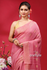 Charm pink bhagalpuri silk saree with golden zari border - ghicha pink saree gold accents 2