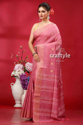 Charm pink bhagalpuri silk saree with golden zari border - ghicha pink saree gold accents 3