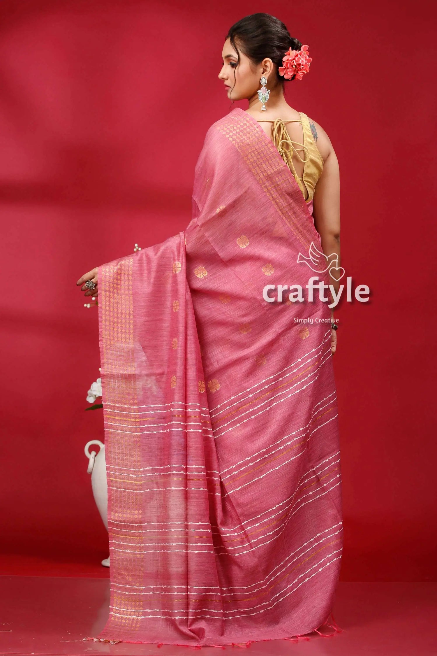 Charm pink bhagalpuri silk saree with golden zari border - ghicha pink saree white stripes 5