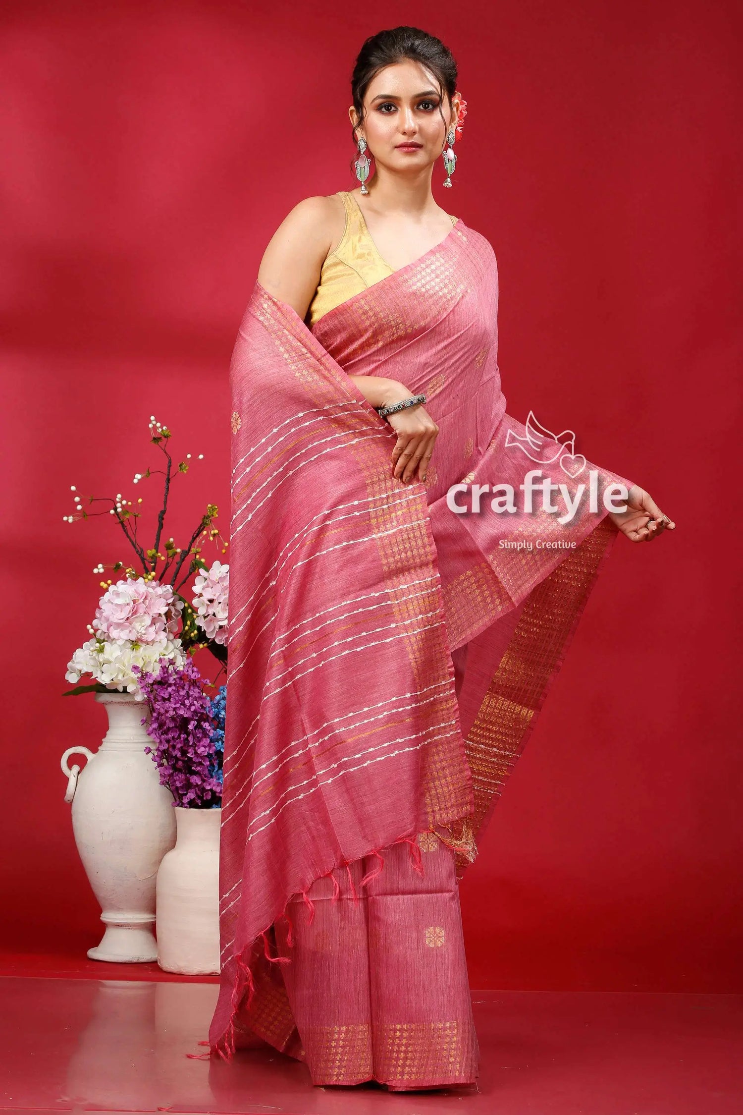 Charm pink bhagalpuri silk saree with golden zari border - ghicha pink saree gold accents 4