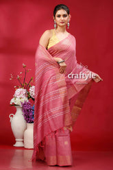 Charm pink bhagalpuri silk saree with golden zari border - ghicha pink saree gold accents 4