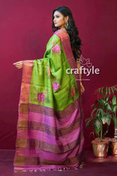 Chartreuse green bishnupuri pure tussar silk hand painted saree green pink floral saree 4