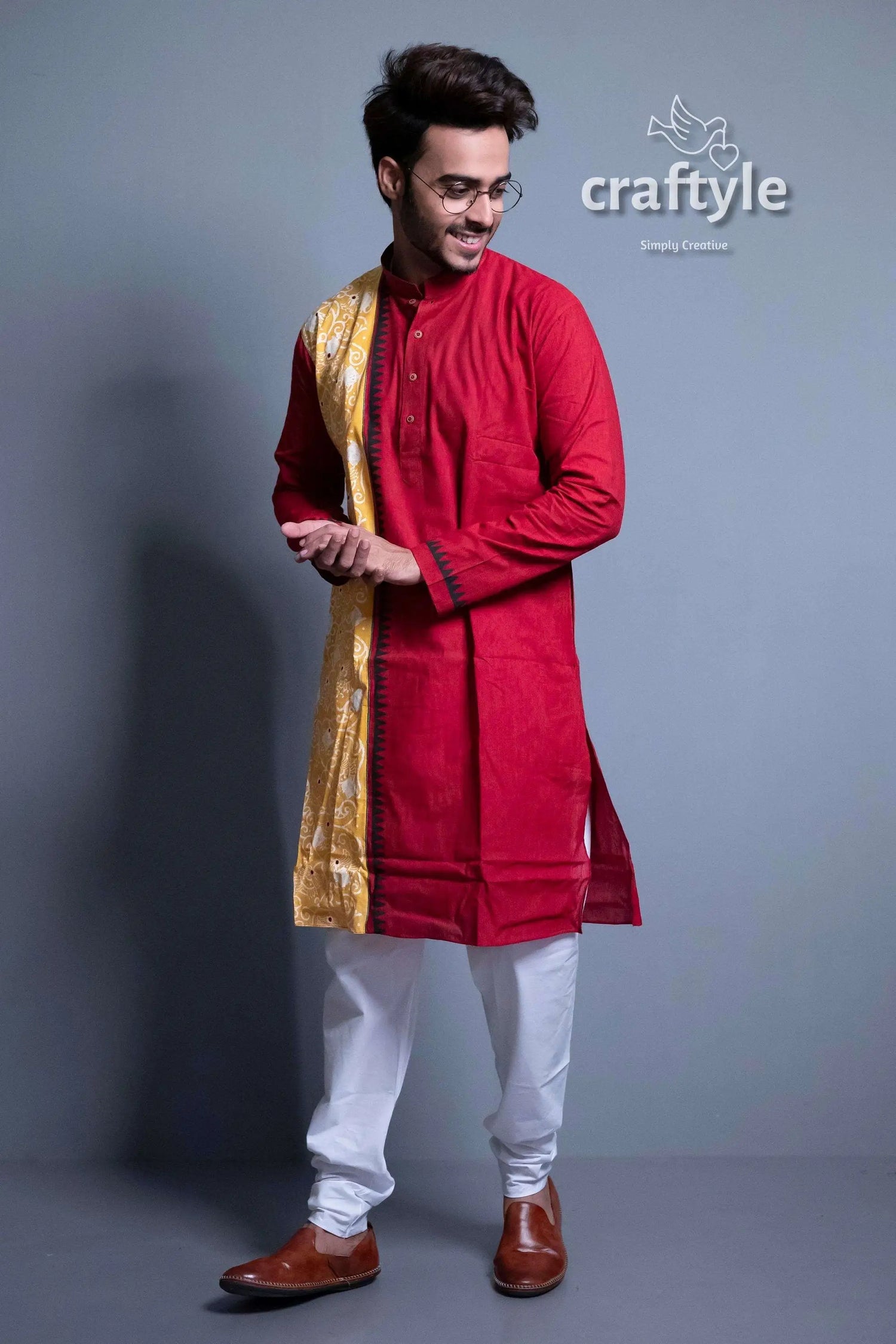 Cherry red fabric design cotton kurta for men man red kurta yellow shawl 3