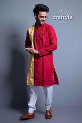 Cherry red fabric design cotton kurta for men man red kurta yellow shawl 3