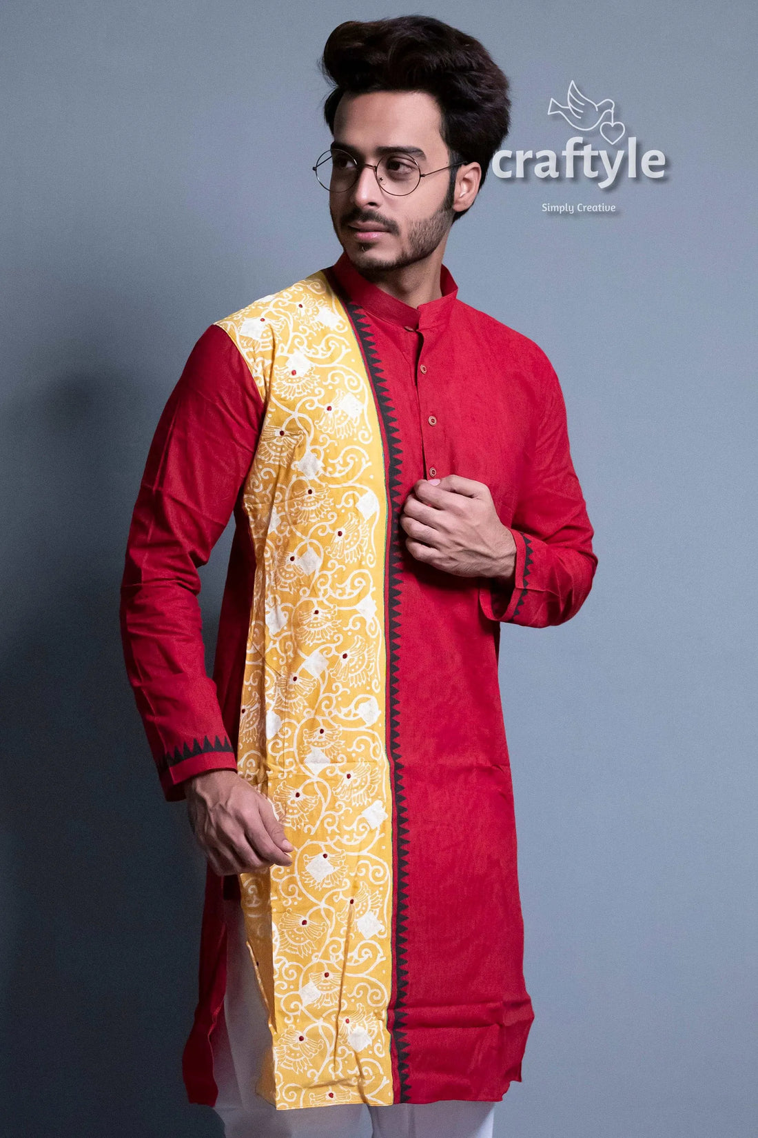 Cherry red fabric design cotton kurta for men yellow patterned shawl 2