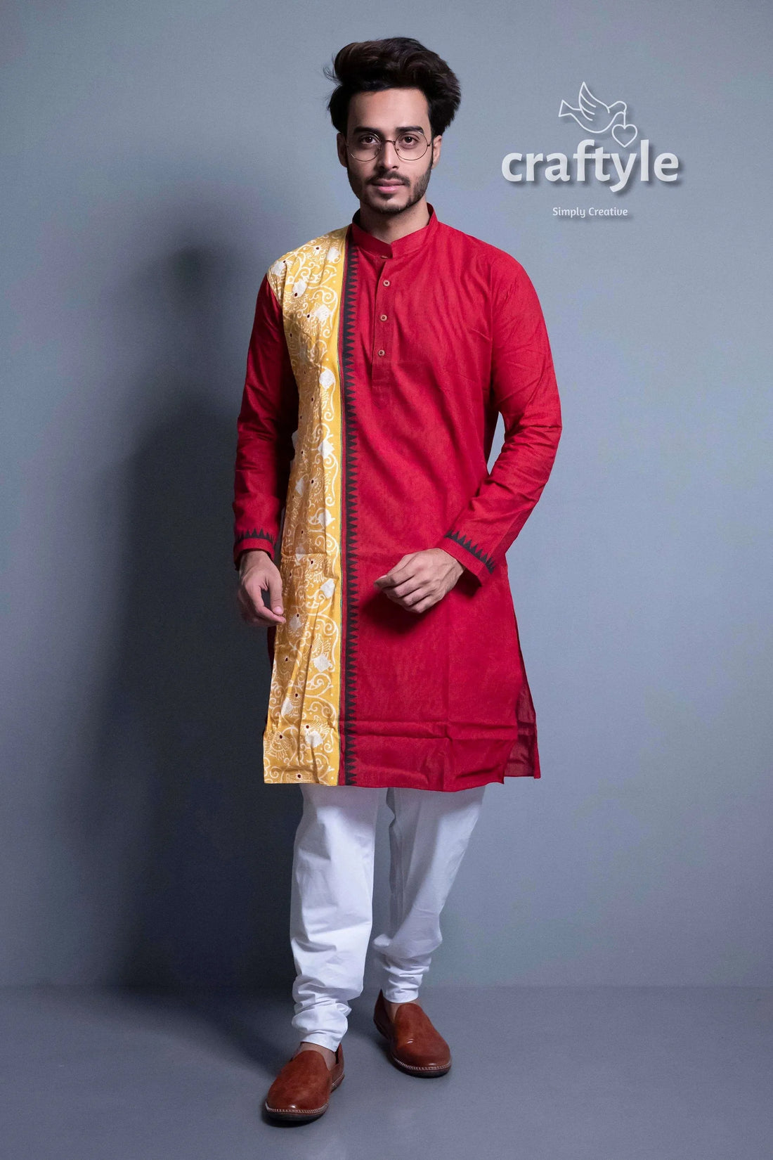 Cherry red fabric design cotton kurta for men man yellow shawl 1