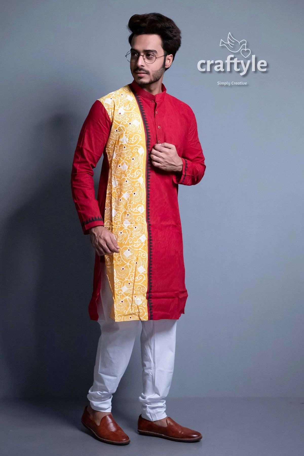Cherry red fabric design cotton kurta for men man yellow shawl 4