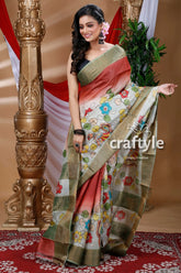 Cherry red shade zari pure tussar kalamkari design sari woman floral-patterned saree 2