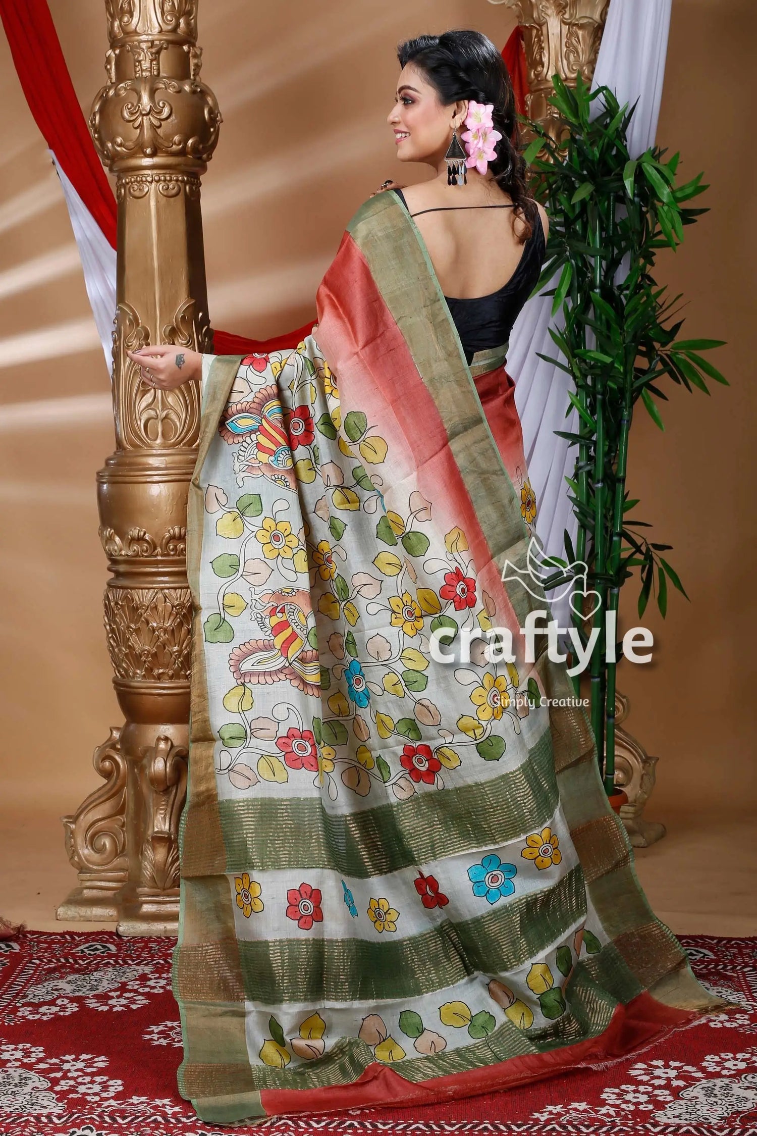 Cherry red shade zari pure tussar kalamkari design sari floral-patterned saree green gold borders 3