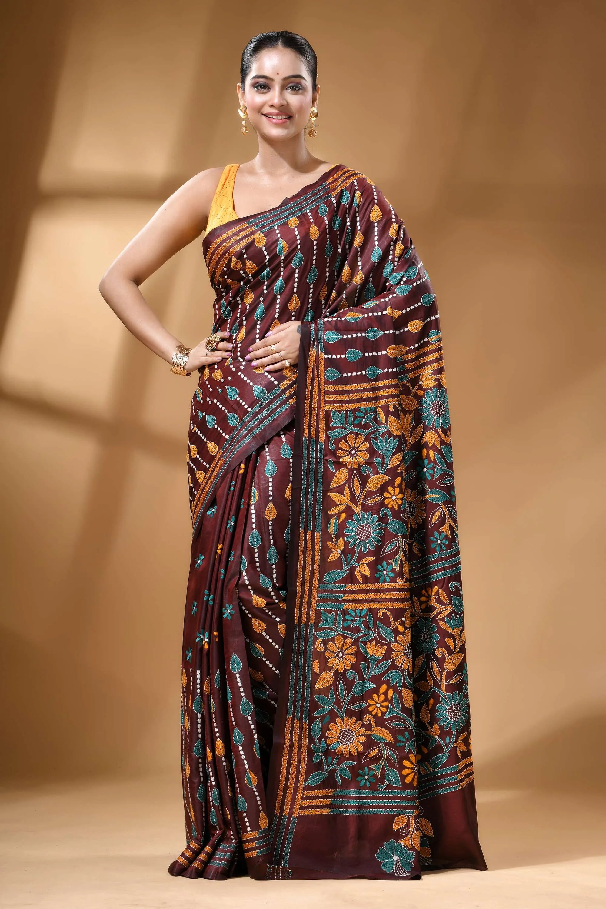 Chocolate brown multicolor floral handcrafted kantha silk saree maroon silk saree adorned intricate 1