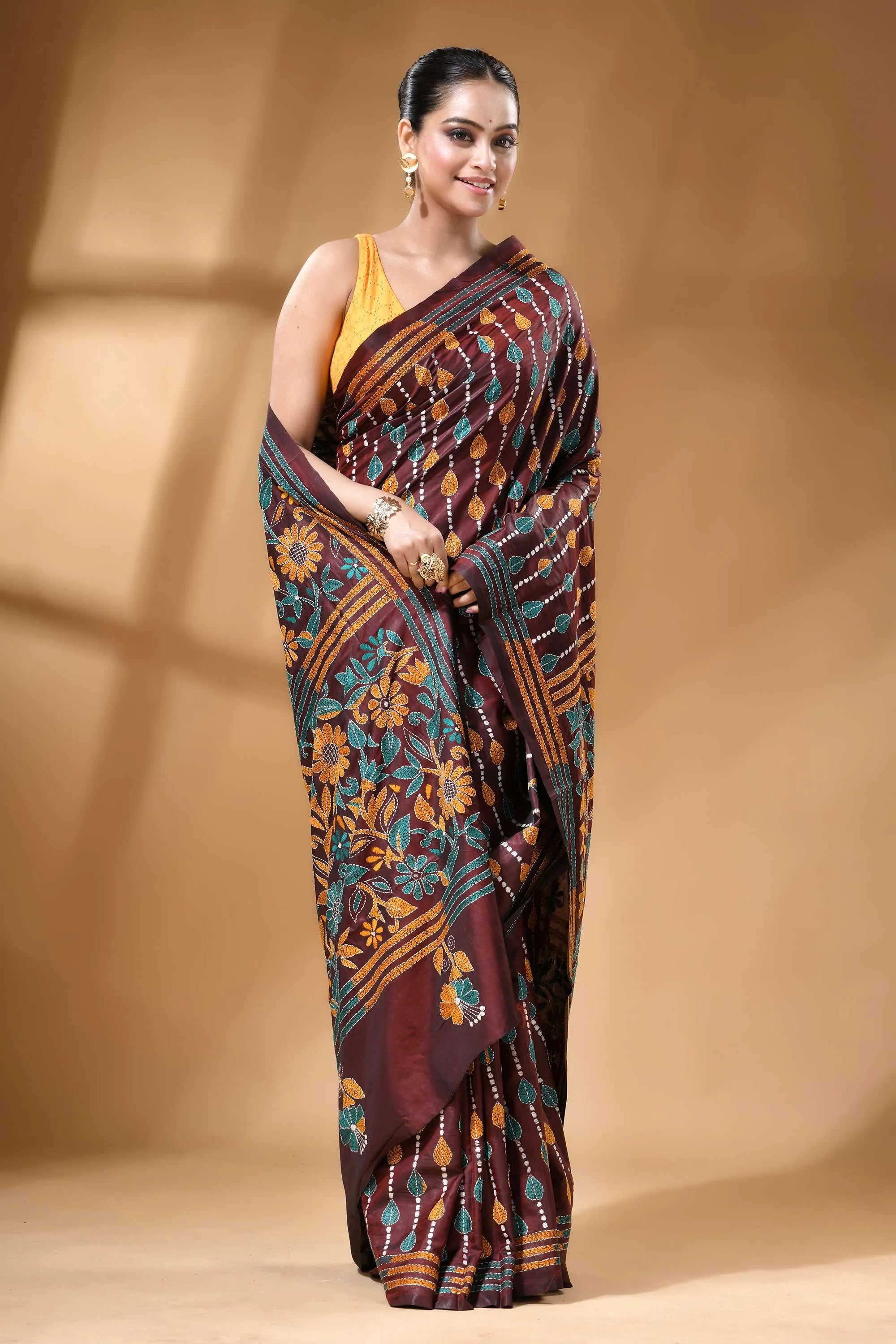 Chocolate brown multicolor floral handcrafted kantha silk saree rich maroon silk saree adorned 4