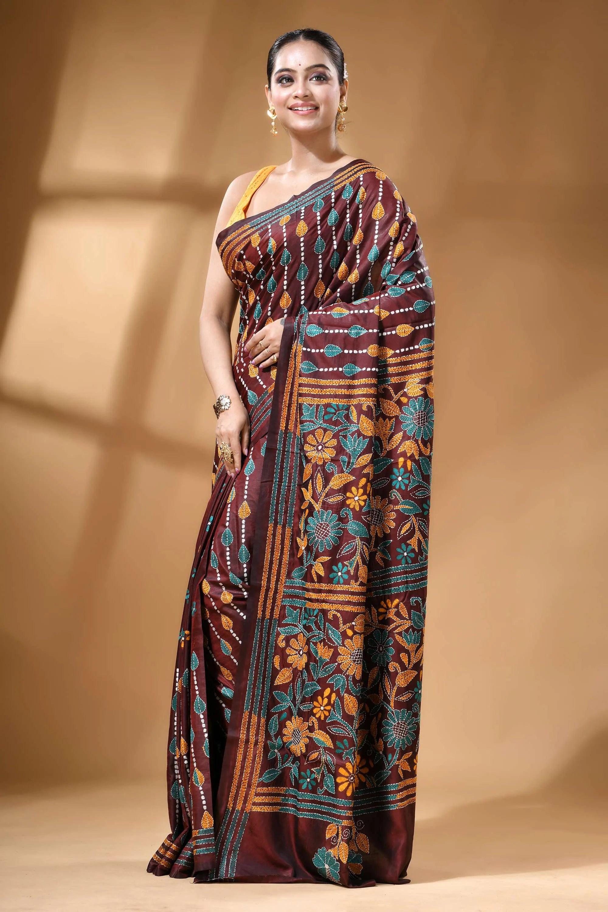 Chocolate brown multicolor floral handcrafted kantha silk saree maroon silk saree intricate floral 3