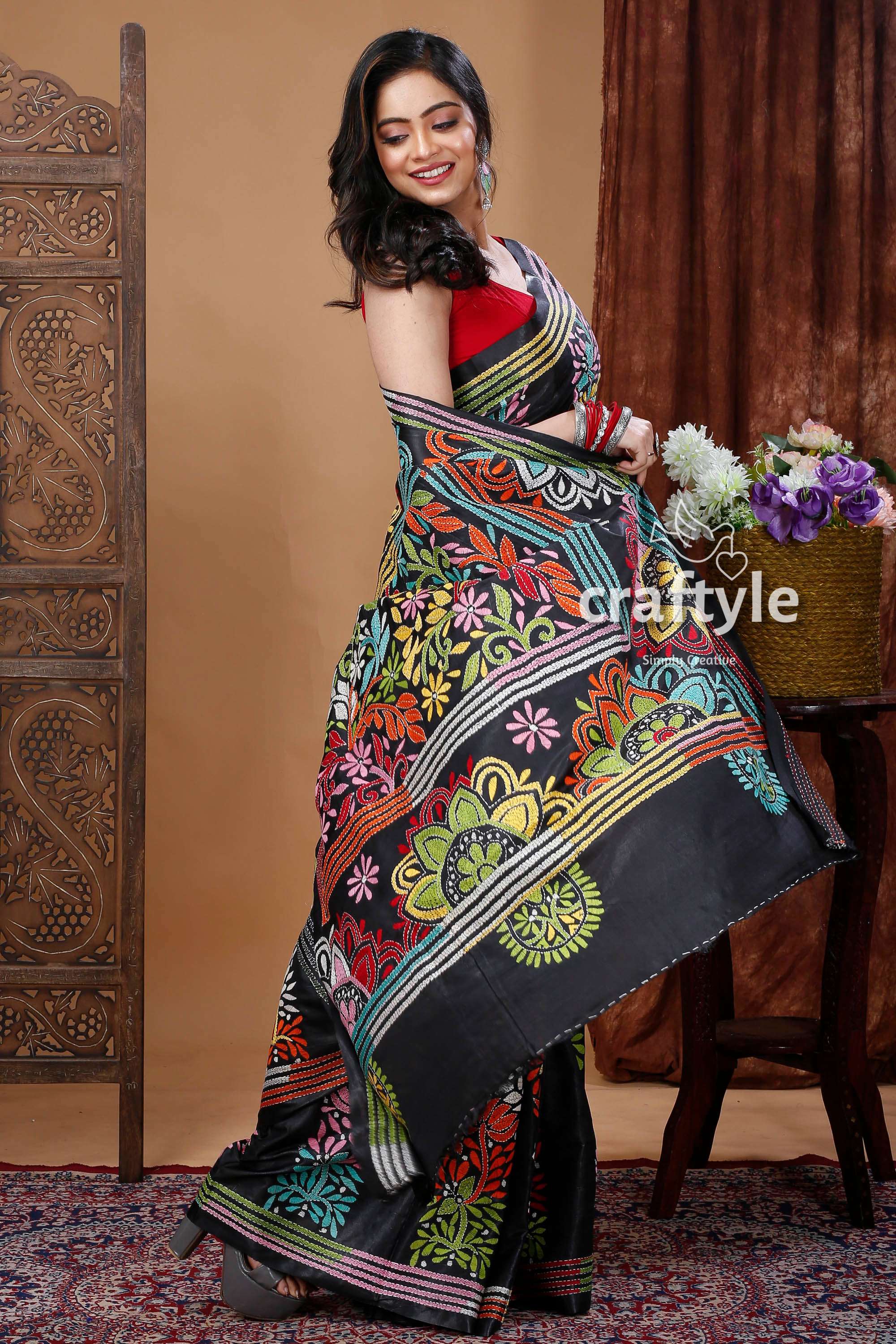 Chrcoal Black Multicolor Thread Handmade Silk Kantha Stitch Saree-Craftyle