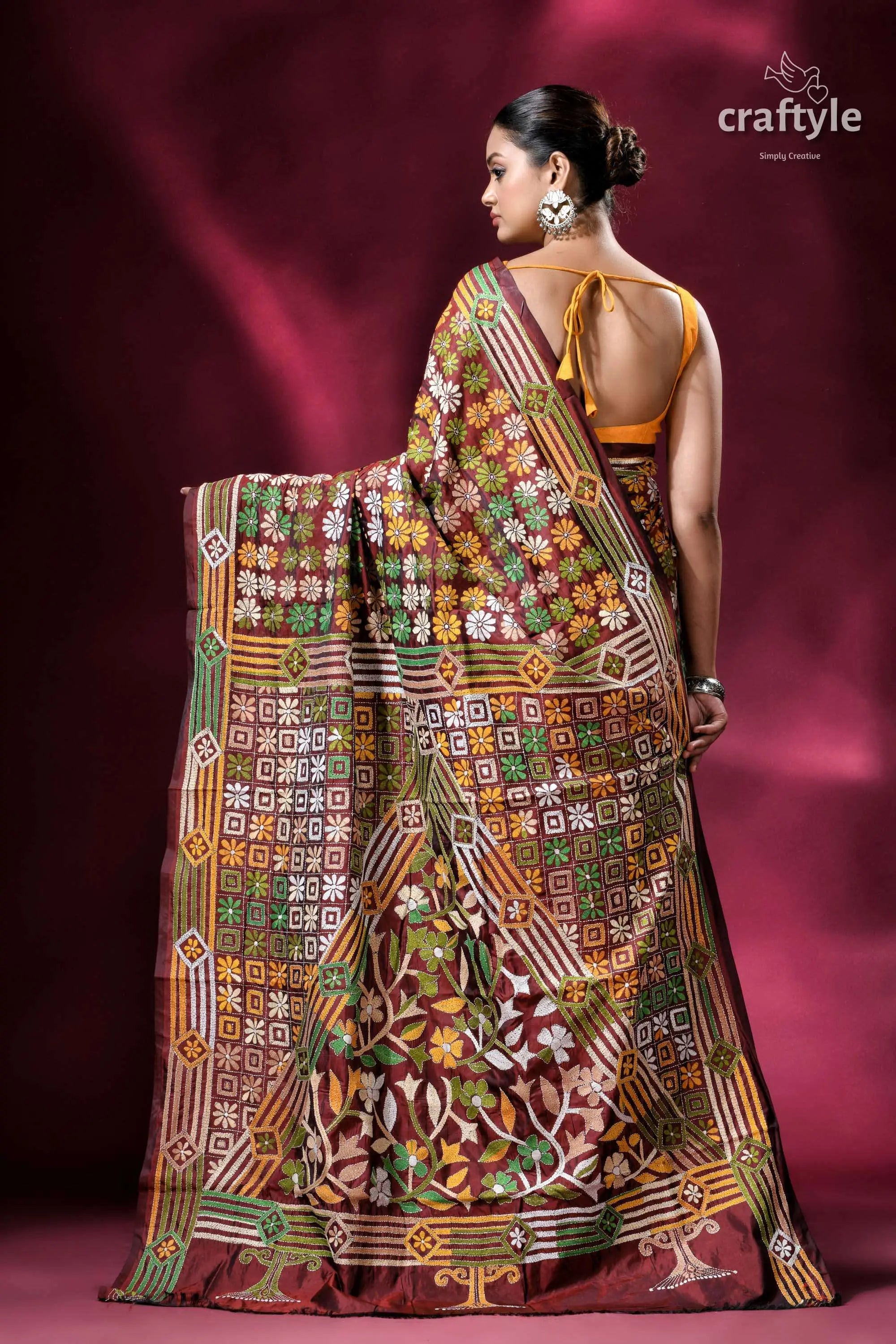 Cinnamon brown hand embroidery blended bangalore kantha silk saree embroidered maroon saree 6