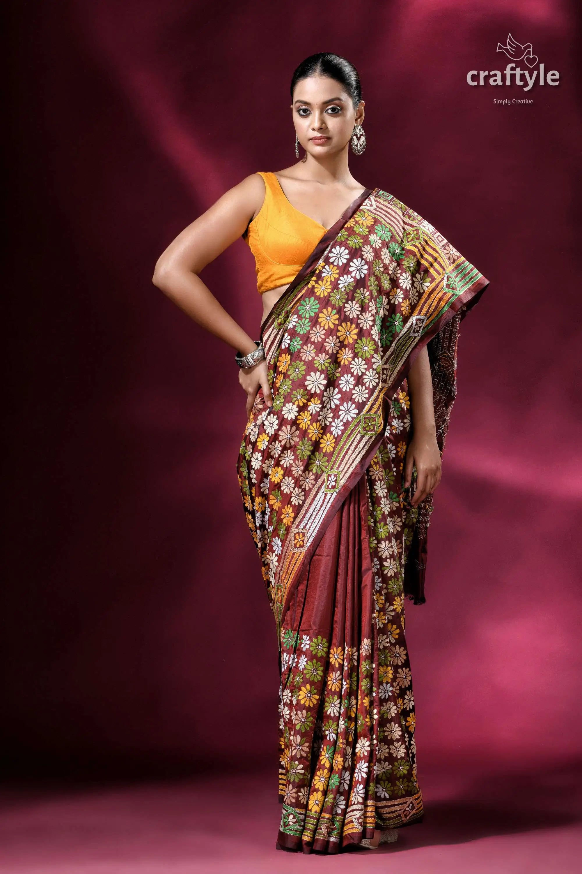 Cinnamon brown hand embroidery blended bangalore kantha silk saree woman’s floral-patterned saree 5