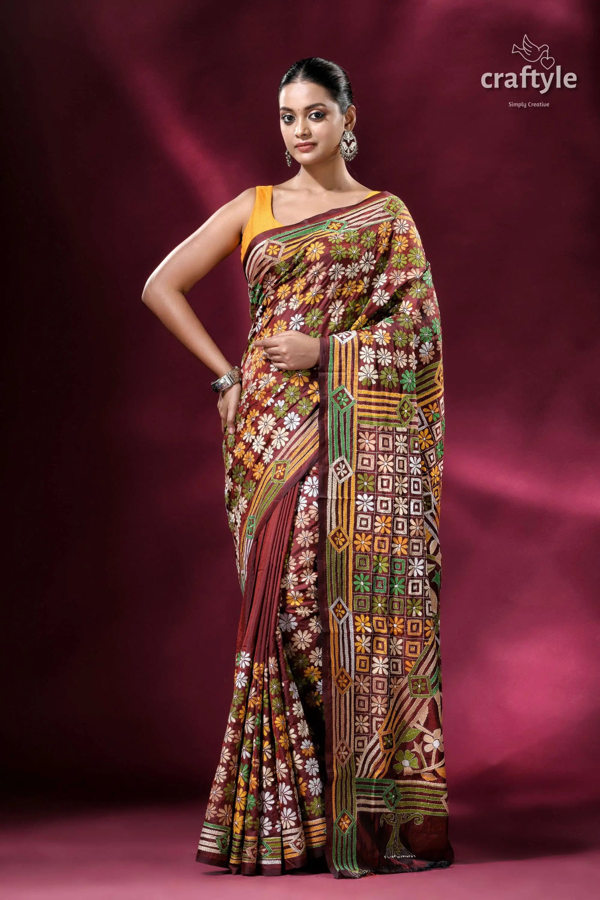 Cinnamon brown hand embroidery blended bangalore kantha silk saree embroidered maroon saree yellow blouse 1