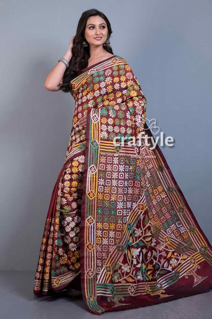 Cinnamon Brown Hand Embroidery Blended Bangalore Kantha Silk Saree-Craftyle