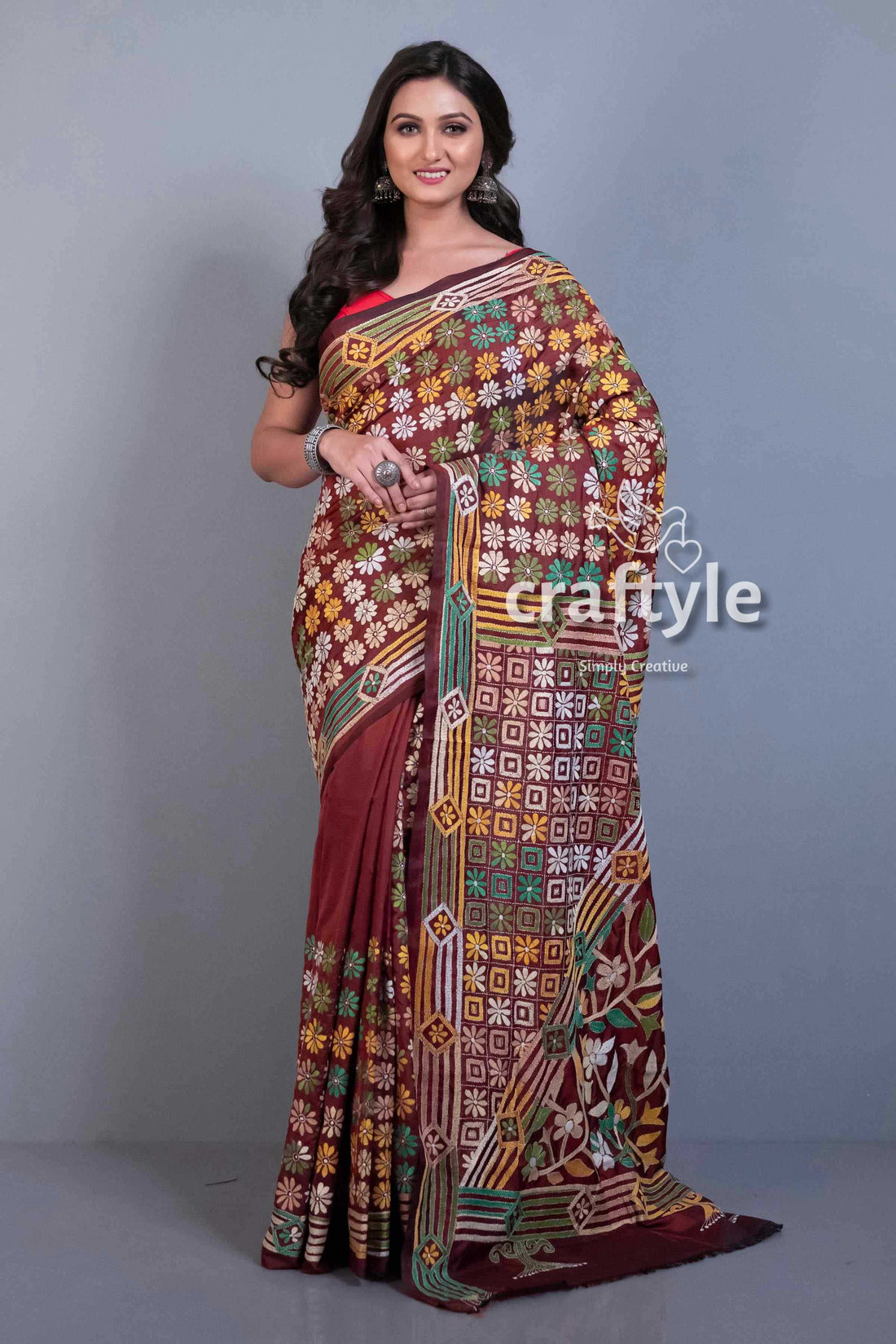 Cinnamon Brown Hand Embroidery Blended Bangalore Kantha Silk Saree-Craftyle