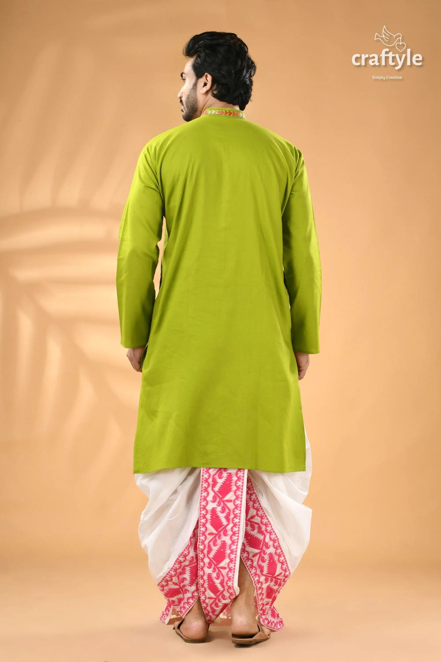 Citrus green designer cotton panjabi for men reverse stitch men’s green kurta white pink 6
