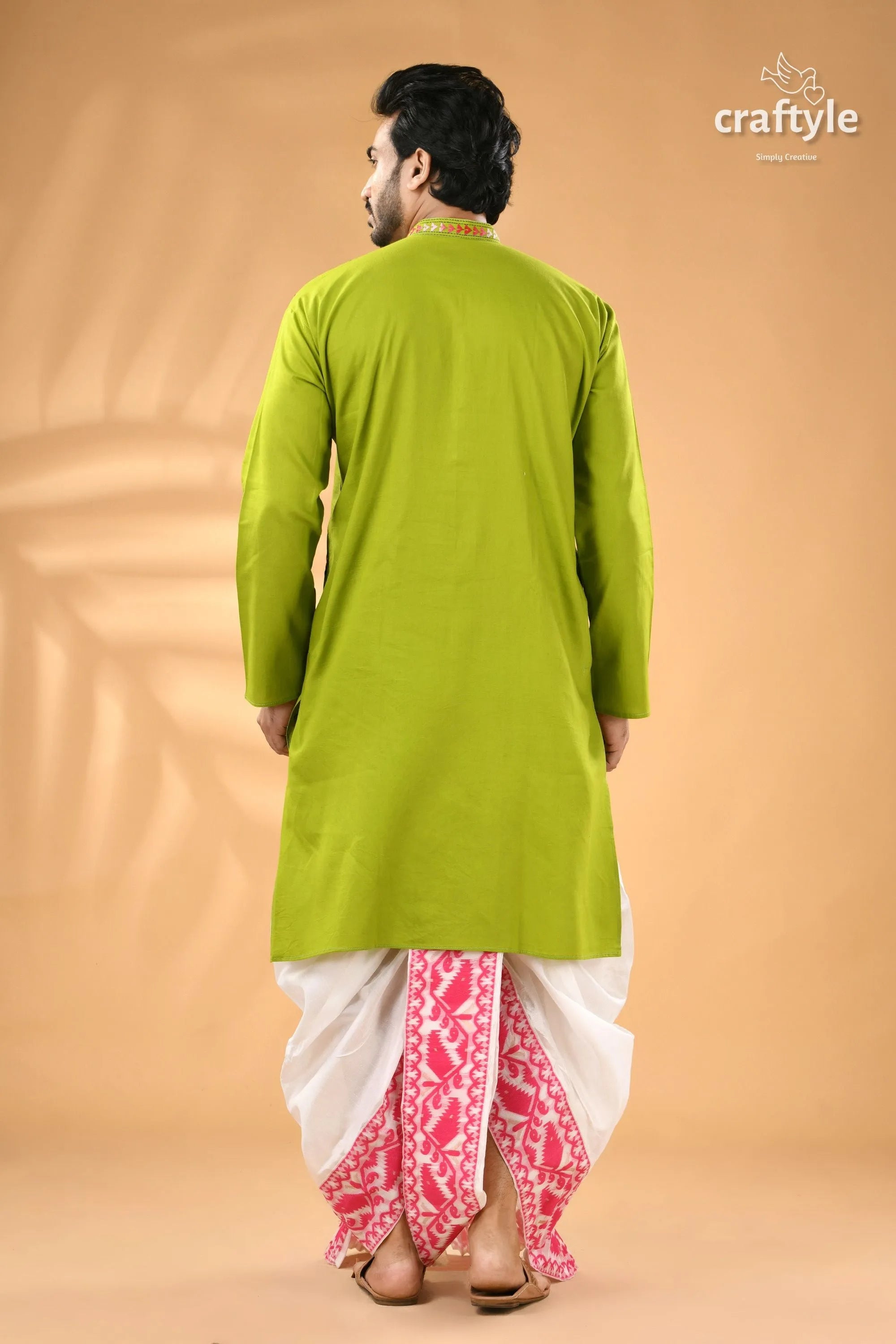 Citrus green designer cotton panjabi for men - reverse stitch men’s green kurta white pink 6