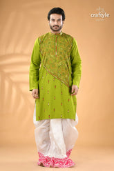 Citrus green designer cotton panjabi for men reverse stitch men’s lime green long sleeved kurta 1