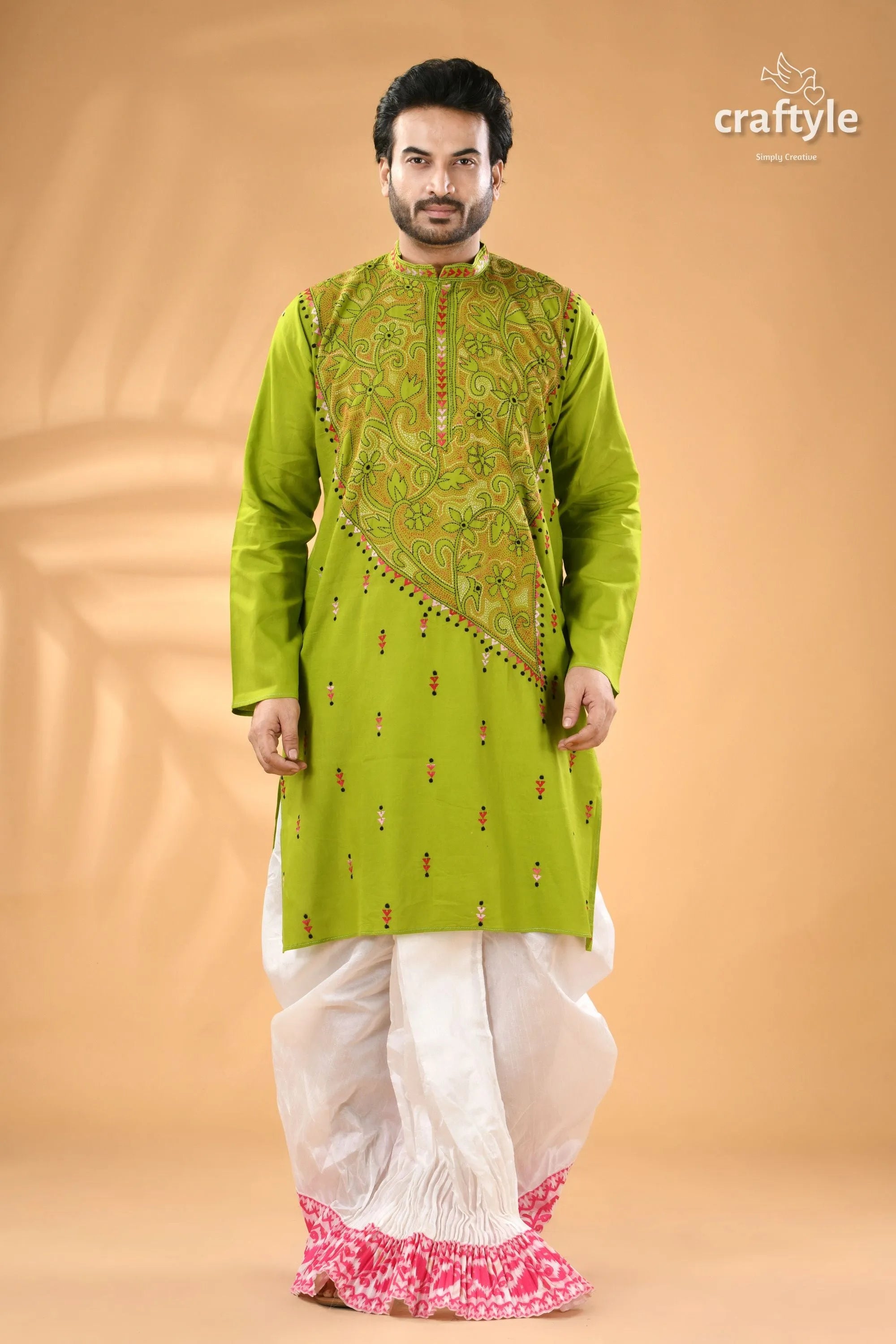 Citrus green designer cotton panjabi for men - reverse stitch men’s lime green long-sleeved kurta 1