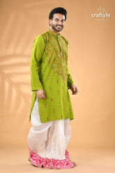 Citrus green designer cotton panjabi for men reverse stitch men’s lime green embroidered kurta 3