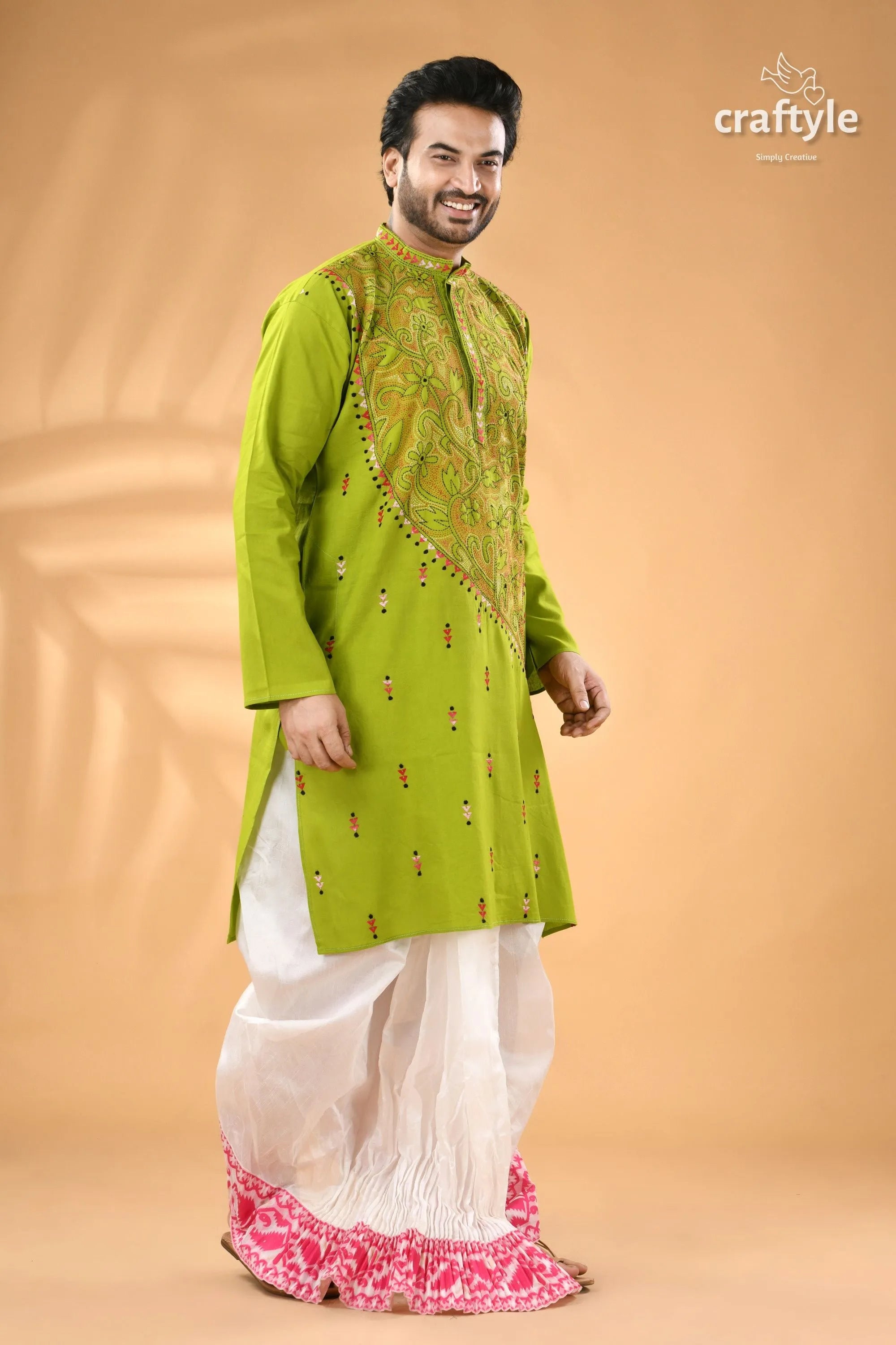 Citrus green designer cotton panjabi for men - reverse stitch men’s lime green embroidered kurta 3