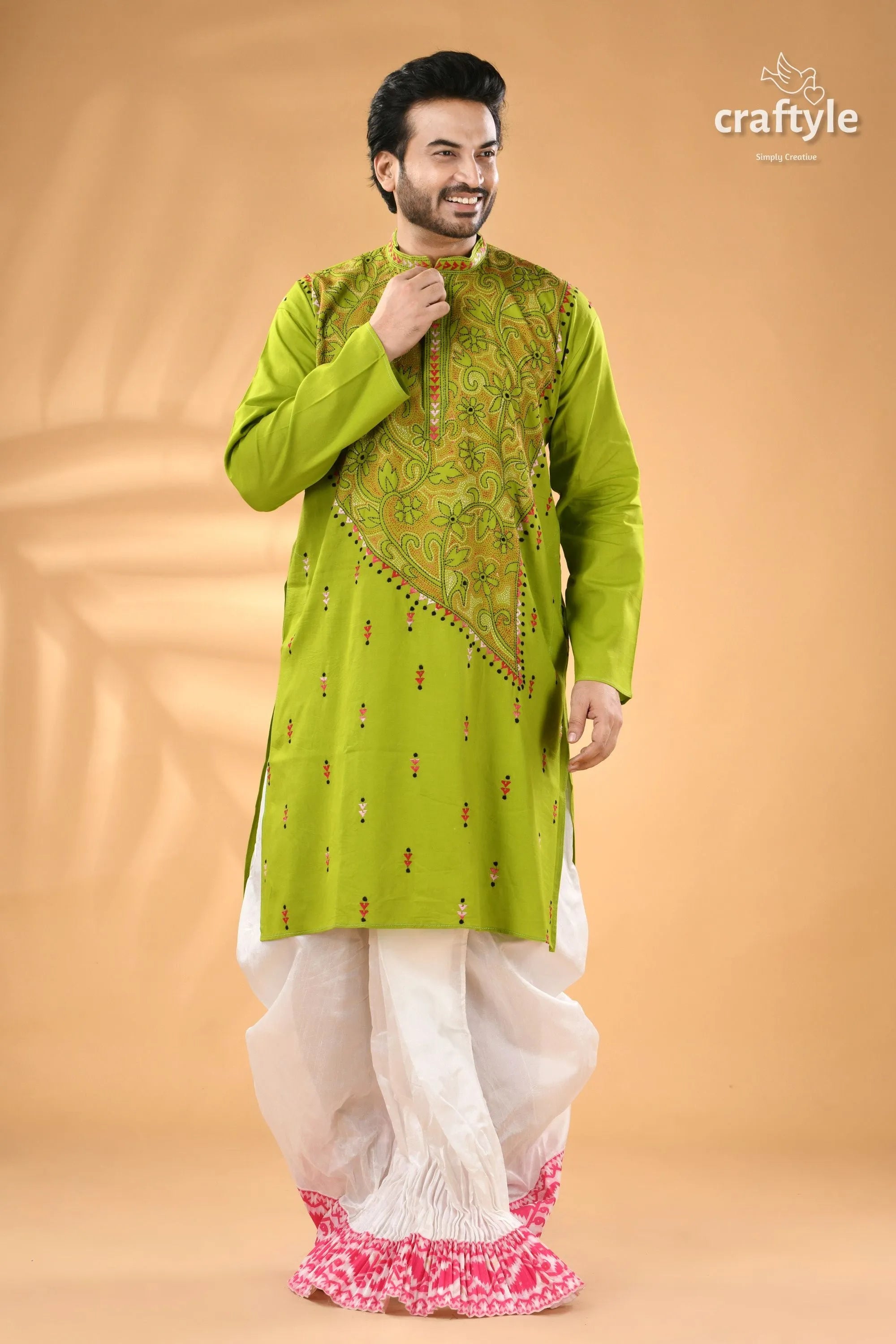 Citrus green designer cotton panjabi for men - reverse stitch men’s lime green embroidered kurta 5