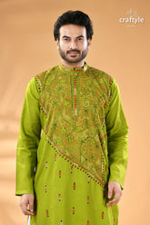 Citrus green designer cotton panjabi for men reverse stitch men’s lime green embroidered long sleeve 2