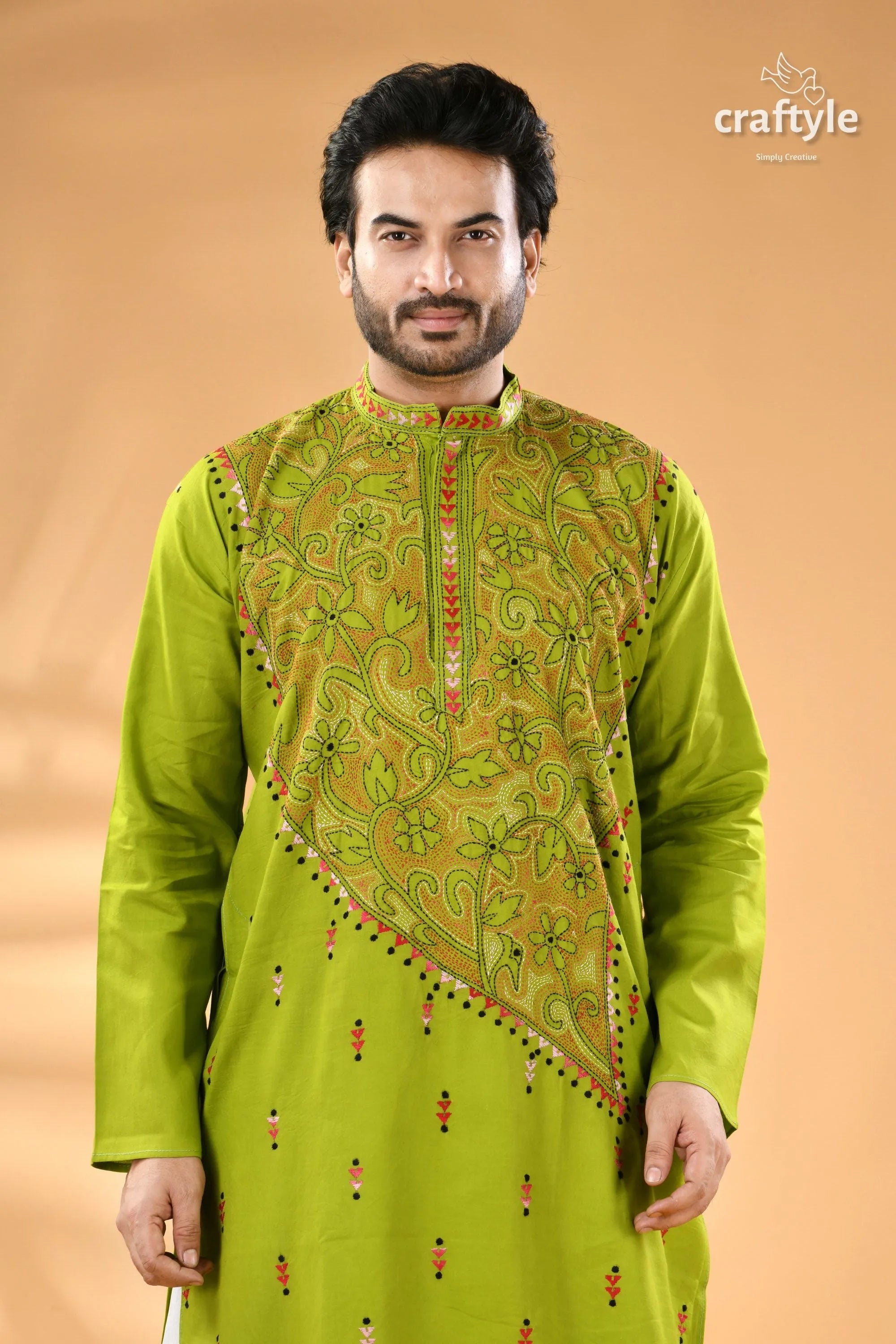 Citrus green designer cotton panjabi for men - reverse stitch men’s lime green embroidered long-sleeve 2