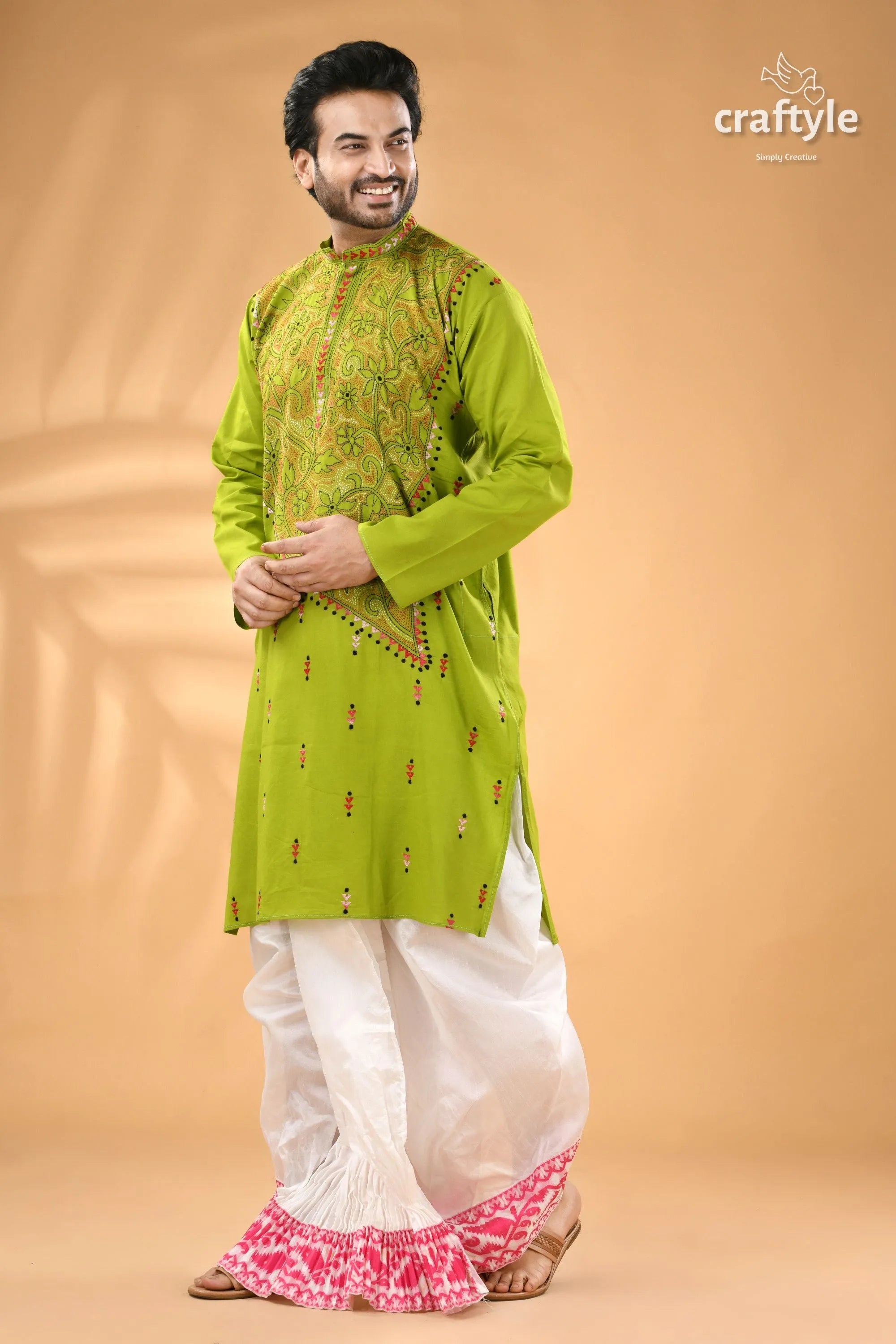 Citrus green designer cotton panjabi for men - reverse stitch man green embroidered kurta white 4