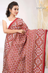 Claret maroon and white handcrafted kantha stitch pure silk dupatta maroon white patterned saree 2