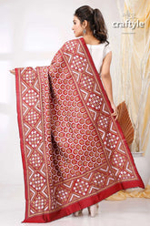 Claret maroon and white handcrafted kantha stitch pure silk dupatta red white patterned shawl 3