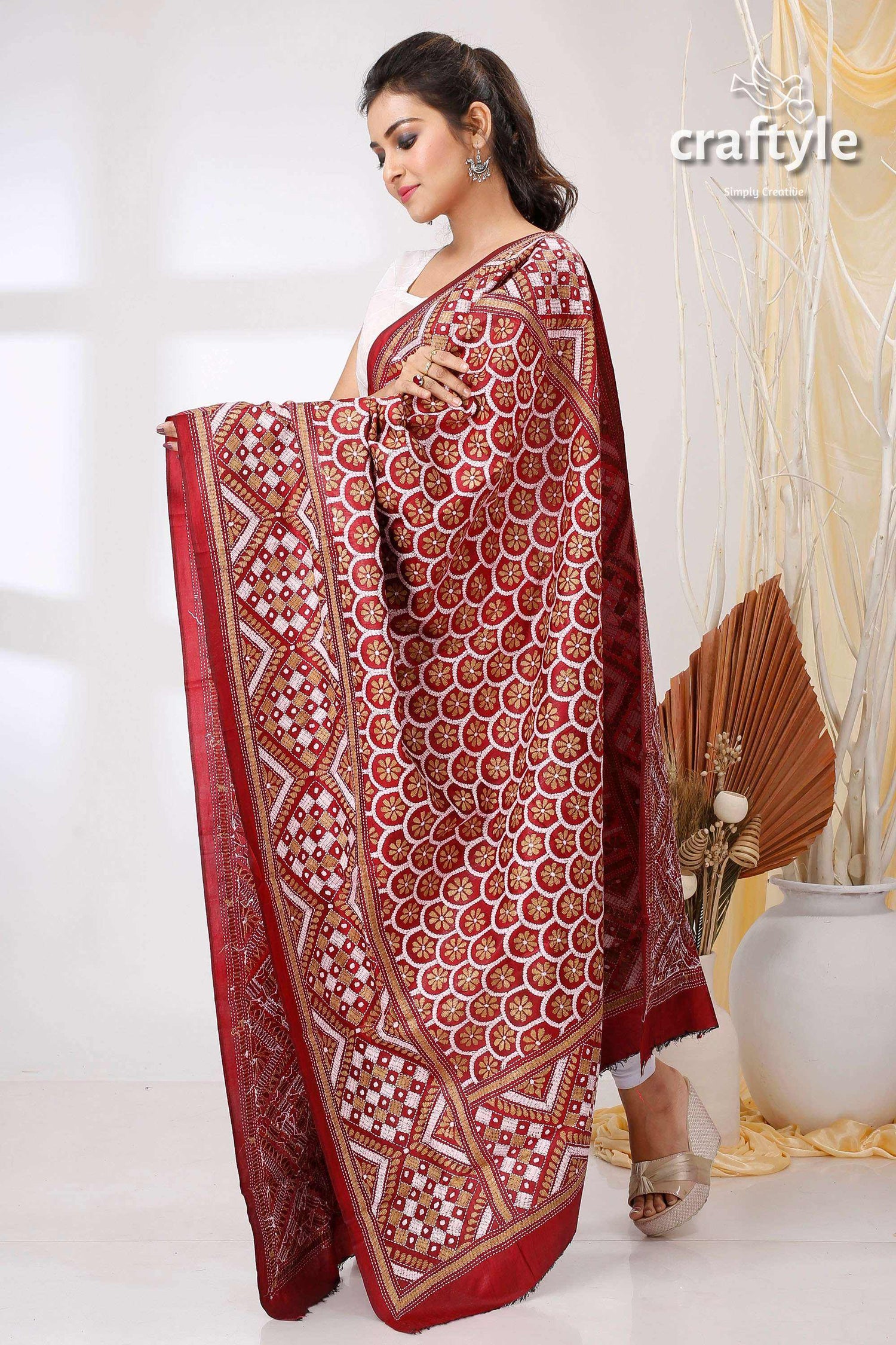 Claret Maroon and White Handcrafted Kantha Stitch Pure Silk Dupatta - Craftyle