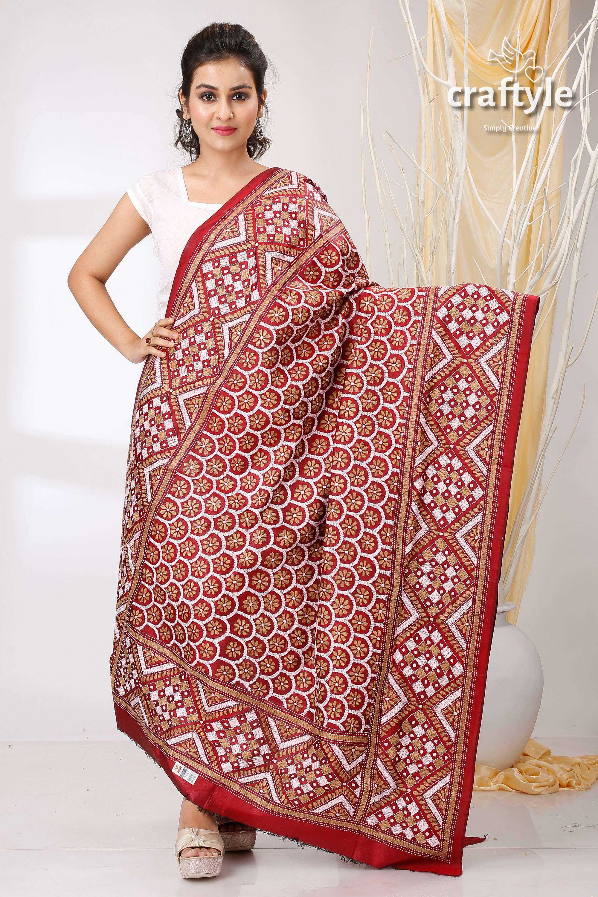 Claret Maroon and White Handcrafted Kantha Stitch Pure Silk Dupatta - Craftyle