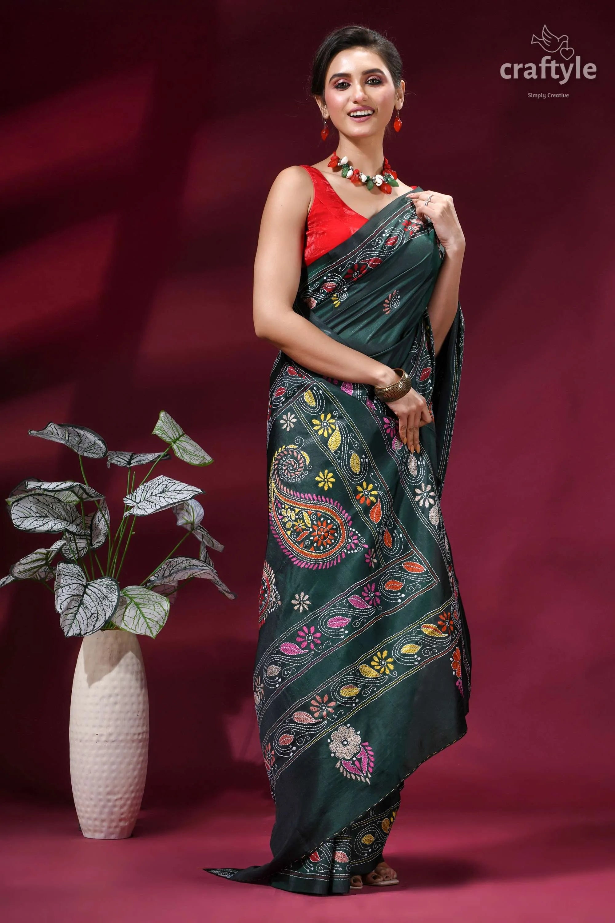 Classic hand embroidery silk kantha work saree - plantation green dark green silk saree intricate 4