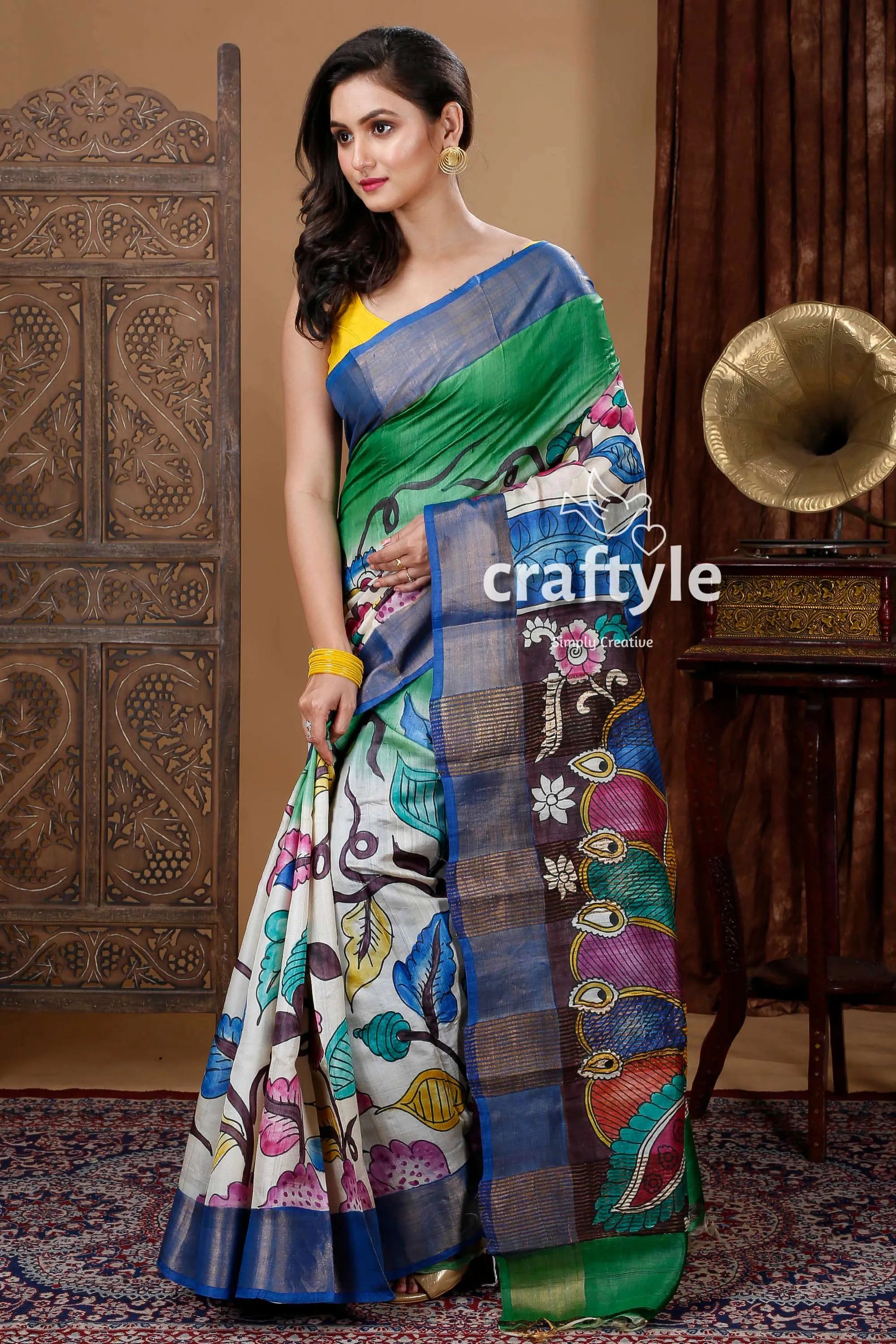 Classic peacock motif handmade zari pure tussar kalamkari saree woman colorful 3