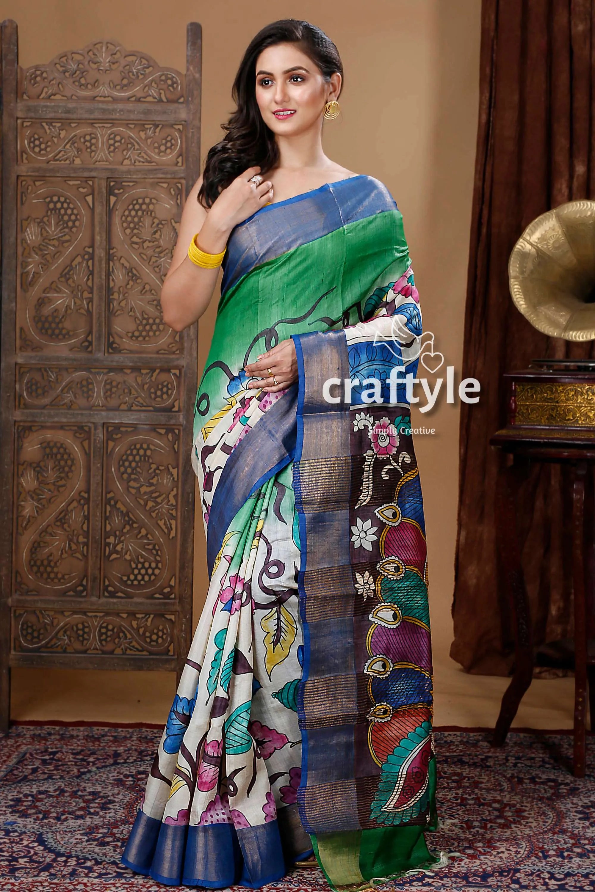 Classic peacock motif handmade zari pure tussar kalamkari saree woman colorful 1