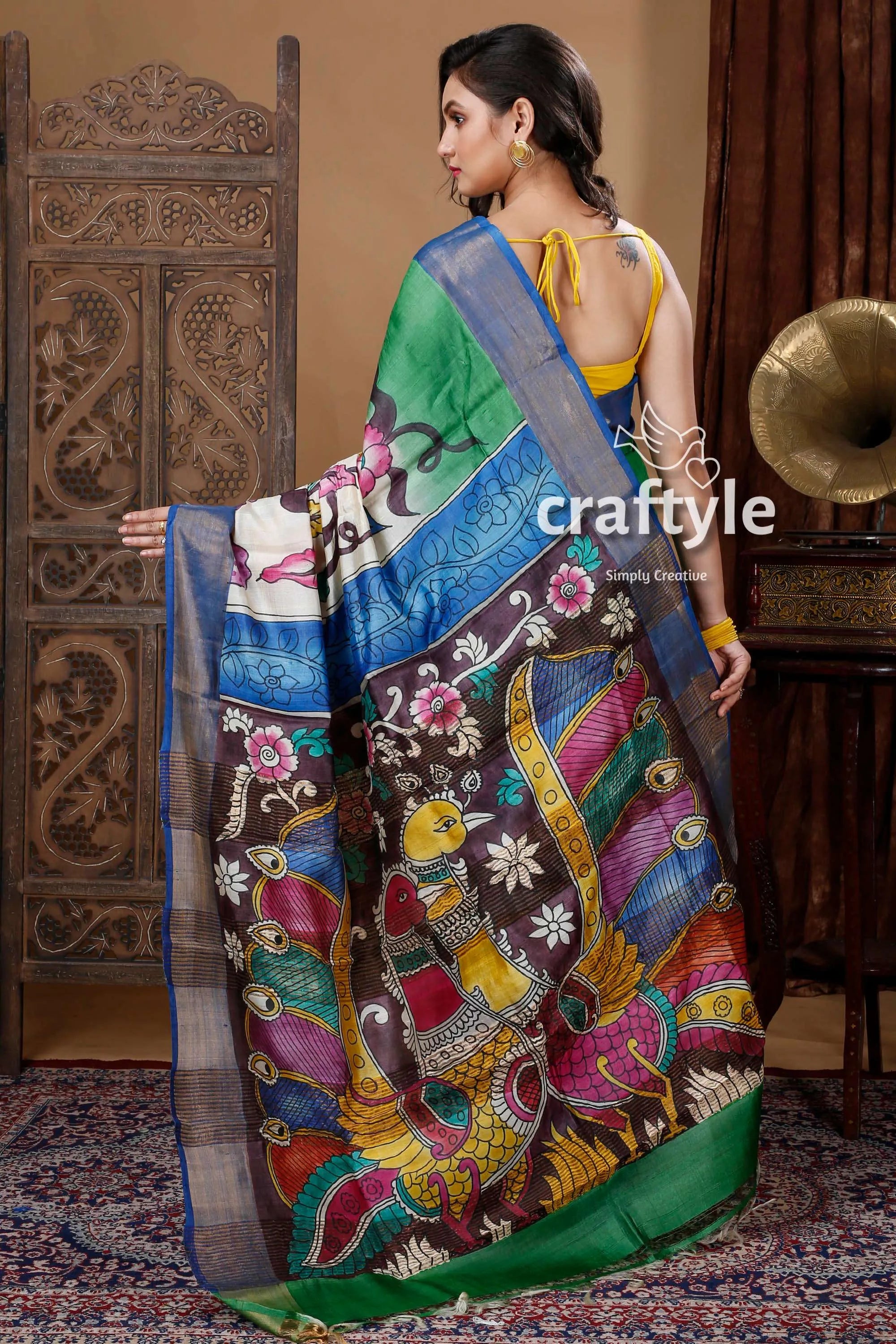 Classic peacock motif handmade zari pure tussar kalamkari saree colorful painted 4
