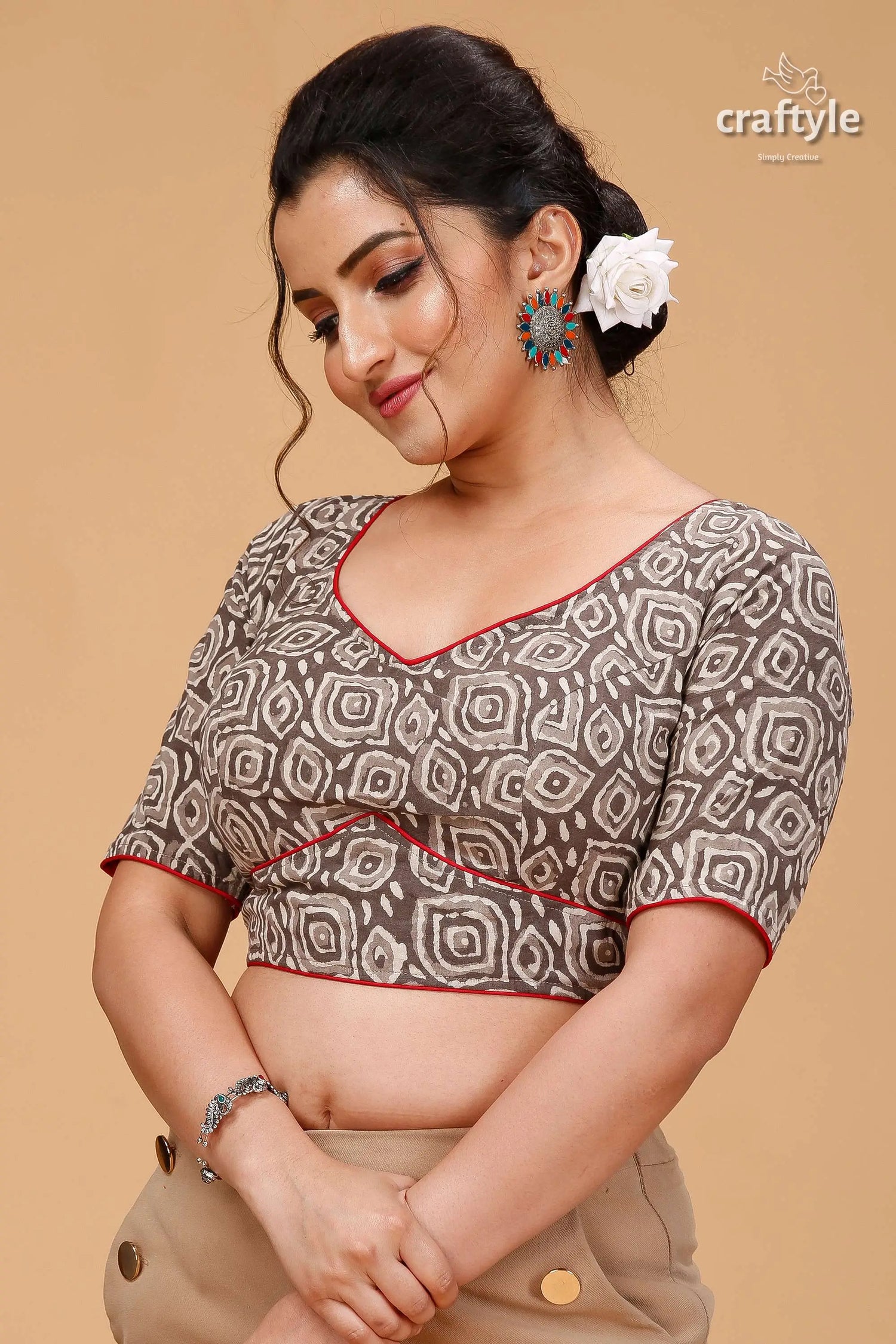 Classic spanish grey dabu print blouse - pure cotton woman patterned v-neck crop red 3