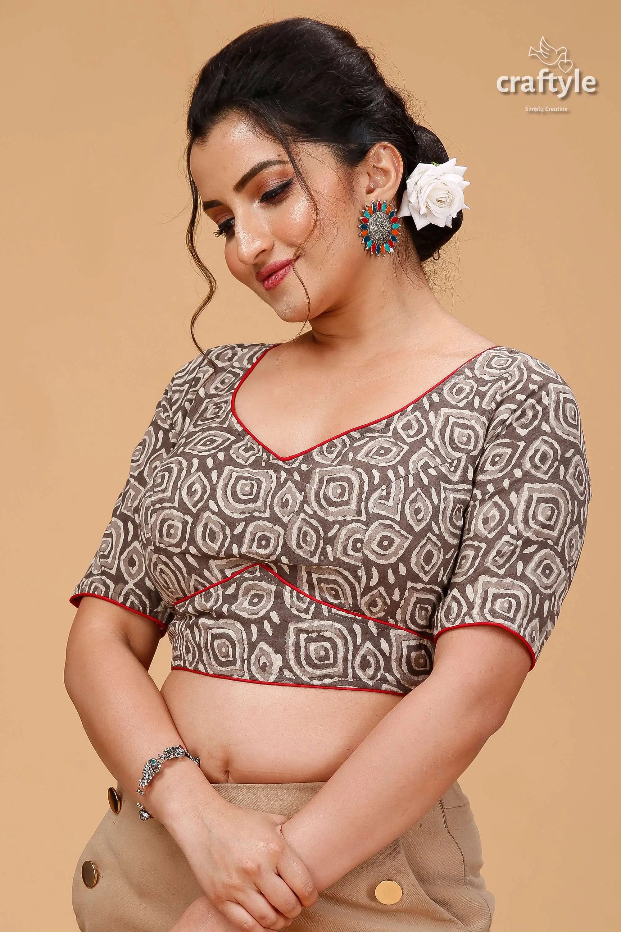 Classic spanish grey dabu print blouse - pure cotton woman patterned v-neck crop red 3