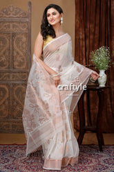 Classic tasman white handloom saree with zari work - elegant and timeless woman white pink saree 5