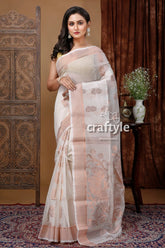 Classic tasman white handloom saree with zari work - elegant and timeless woman white pink saree 1