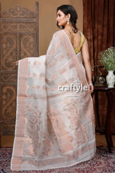 Classic tasman white handloom saree with zari work - elegant and timeless white peach floral saree 4
