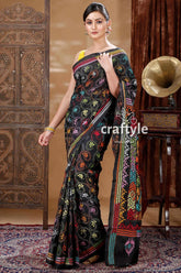 Coal black hand embroidered silk kantha saree black saree colorful embroidery 4