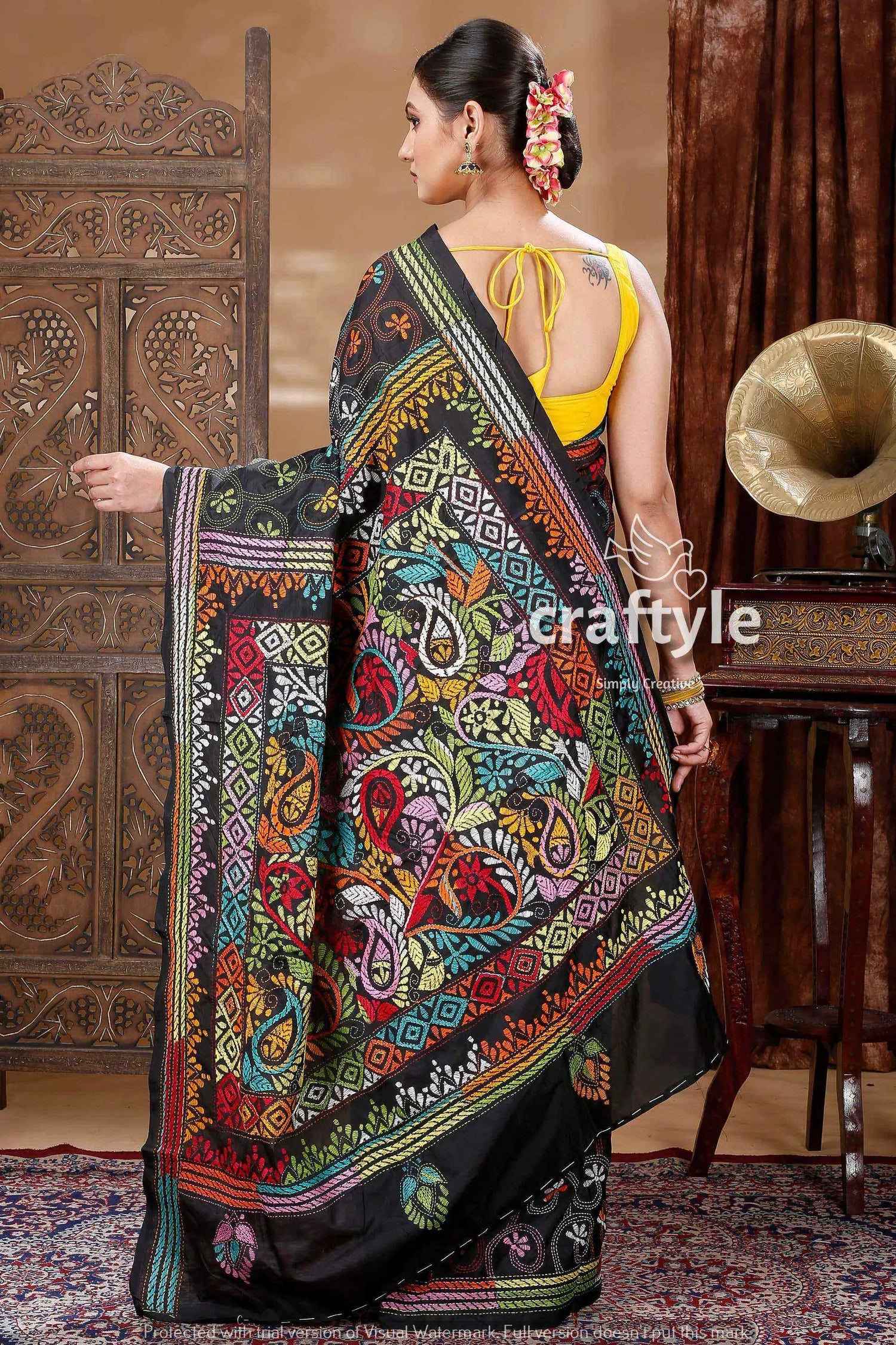 Coal black hand embroidered silk kantha saree black saree colorful embroidery 5