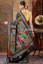 Coal black hand embroidered silk kantha saree black saree colorful embroidery 5