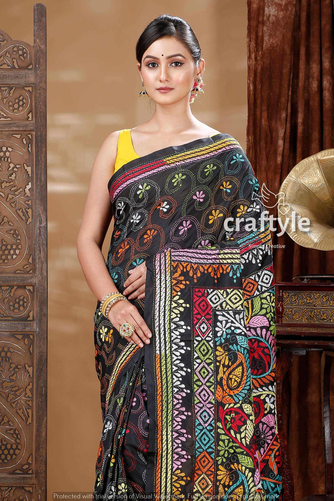 Coal Black Hand Embroidered Silk Kantha Saree-Craftyle